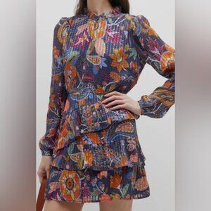 Marie Oliver Alana Tiered Floral Print Mini Dress in Blue Size Small